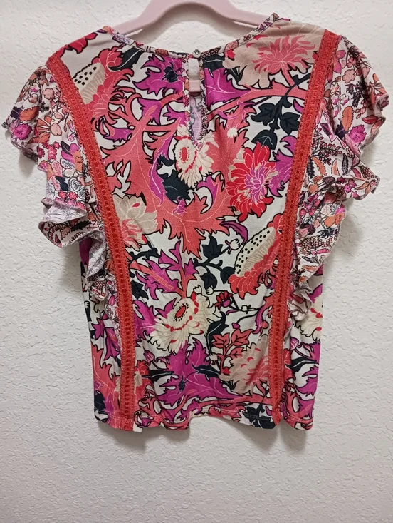 Floral Flutter Sleeve Top X-small, Pink, Coral, Purple, Orange -- Colorful! - Picture 5 of 5